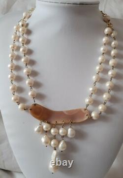 Antique Genuine Cameo Angel Necklace, 2 Rows, Real Pearls / Vermeil # K21