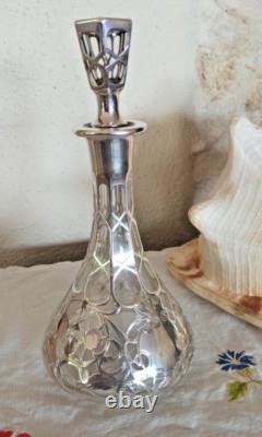 Antique Glass and Solid Silver Carafe Decorated with Cherry, Art Nouveau (MB)
