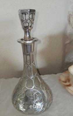 Antique Glass and Solid Silver Carafe Decorated with Cherry, Art Nouveau (MB)