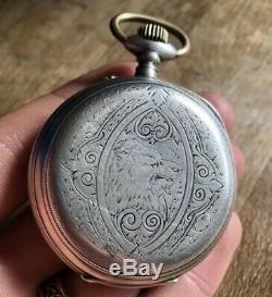 Antique Gousset Watch In Solid Silver 800 A Window Decoration Wolf Painting