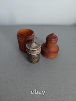 Antique Holy Oil Lamp in Solid Silver, Minerva Hallmark, Wooden Case, 19th Century