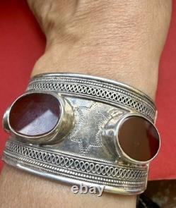 Antique J’ouvert bracelet, ornate engraved cuff, solid silver, carnelian cabochon