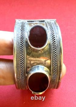 Antique J’ouvert bracelet, ornate engraved cuff, solid silver, carnelian cabochon