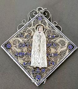 Antique Large Solid Silver Filigree Enamel Pendant Our Lady of Fatima