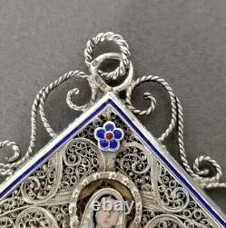 Antique Large Solid Silver Filigree Enamel Pendant Our Lady of Fatima