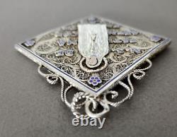 Antique Large Solid Silver Filigree Enamel Pendant Our Lady of Fatima