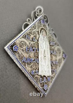 Antique Large Solid Silver Filigree Enamel Pendant Our Lady of Fatima