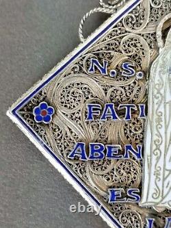 Antique Large Solid Silver Filigree Enamel Pendant Our Lady of Fatima