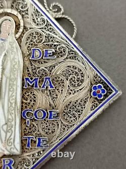 Antique Large Solid Silver Filigree Enamel Pendant Our Lady of Fatima