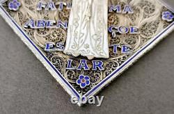 Antique Large Solid Silver Filigree Enamel Pendant Our Lady of Fatima