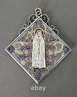 Antique Large Solid Silver Filigree Enamel Pendant Our Lady of Fatima