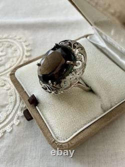 Antique Large Solid Silver Ring, Chiseled, Huge Smoky Topaz, Designer
