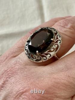 Antique Large Solid Silver Ring, Chiseled, Huge Smoky Topaz, Designer