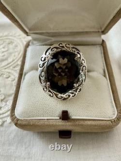 Antique Large Solid Silver Ring, Chiseled, Huge Smoky Topaz, Designer