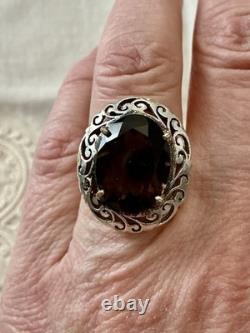 Antique Large Solid Silver Ring, Chiseled, Huge Smoky Topaz, Designer