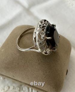Antique Large Solid Silver Ring, Chiseled, Huge Smoky Topaz, Designer