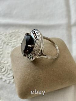 Antique Large Solid Silver Ring, Chiseled, Huge Smoky Topaz, Designer