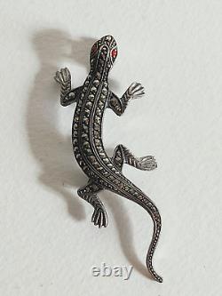 +++ Antique Lizard Salamander Brooch Solid Silver Marcasite +++