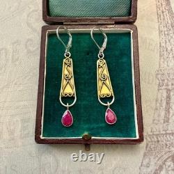 Antique Long Solid Silver and Gold Earrings with Genuine Rubies