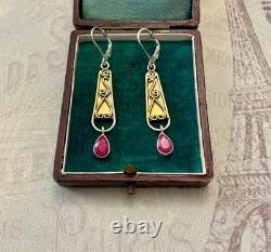 Antique Long Solid Silver and Gold Earrings with Genuine Rubies
