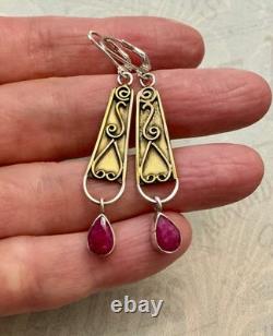 Antique Long Solid Silver and Gold Earrings with Genuine Rubies