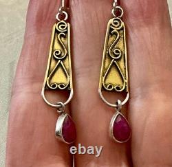 Antique Long Solid Silver and Gold Earrings with Genuine Rubies