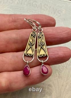 Antique Long Solid Silver and Gold Earrings with Genuine Rubies
