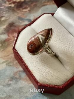 Antique Marquise Agate Ring, Solid Silver, Unique Creator