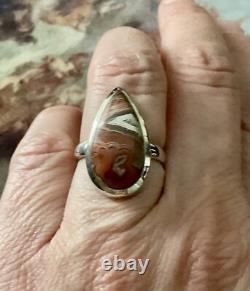 Antique Marquise Agate Ring, Solid Silver, Unique Creator