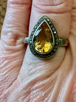 Antique Marquise Ring in Solid Silver with Citrine and Old-Cut Diamonds