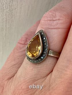 Antique Marquise Ring in Solid Silver with Citrine and Old-Cut Diamonds