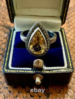 Antique Marquise Ring in Solid Silver with Citrine and Old-Cut Diamonds