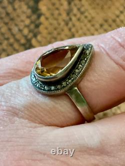 Antique Marquise Ring in Solid Silver with Citrine and Old-Cut Diamonds