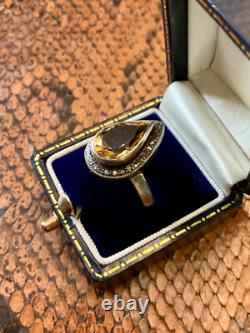 Antique Marquise Ring in Solid Silver with Citrine and Old-Cut Diamonds