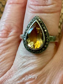 Antique Marquise Ring in Solid Silver with Citrine and Old-Cut Diamonds