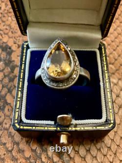 Antique Marquise Ring in Solid Silver with Citrine and Old-Cut Diamonds