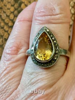 Antique Marquise Ring in Solid Silver with Citrine and Old-Cut Diamonds