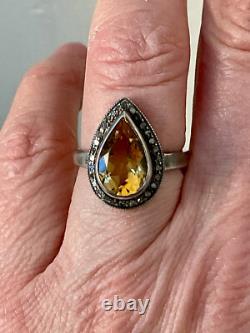 Antique Marquise Ring in Solid Silver with Citrine and Old-Cut Diamonds