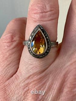 Antique Marquise Ring in Solid Silver with Citrine and Old-Cut Diamonds