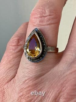Antique Marquise Ring in Solid Silver with Citrine and Old-Cut Diamonds