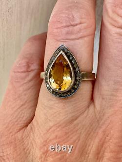 Antique Marquise Ring in Solid Silver with Citrine and Old-Cut Diamonds