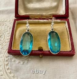 Antique Massive Silver Earrings Huge Natural Blue Topaz