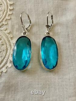 Antique Massive Silver Earrings Huge Natural Blue Topaz