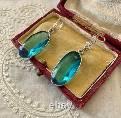 Antique Massive Silver Earrings Huge Natural Blue Topaz