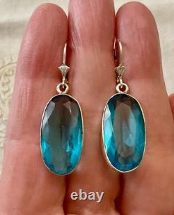 Antique Massive Silver Earrings Huge Natural Blue Topaz