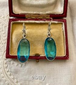 Antique Massive Silver Earrings Huge Natural Blue Topaz