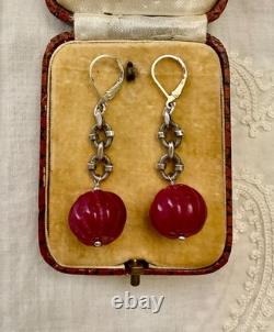 Antique Massive Silver Earrings with Huge Natural Carved Ruby
