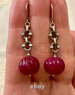 Antique Massive Silver Earrings with Huge Natural Carved Ruby
