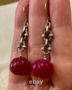 Antique Massive Silver Earrings with Huge Natural Carved Ruby