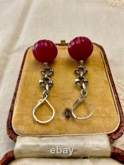 Antique Massive Silver Earrings with Huge Natural Carved Ruby